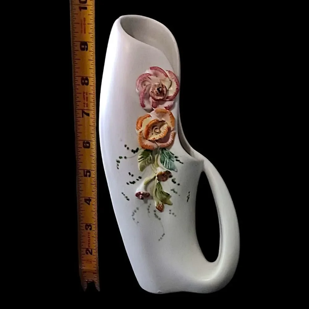 Vtg Applied Flowers Porcelain Vase Pitcher Abstract Handpainted Art Deco Nouveau